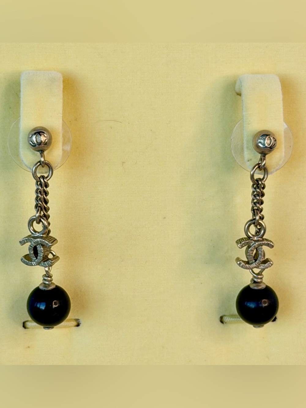 CHANEL Silver-Tone Chain Drop Earrings with Black Bead and CC Charm